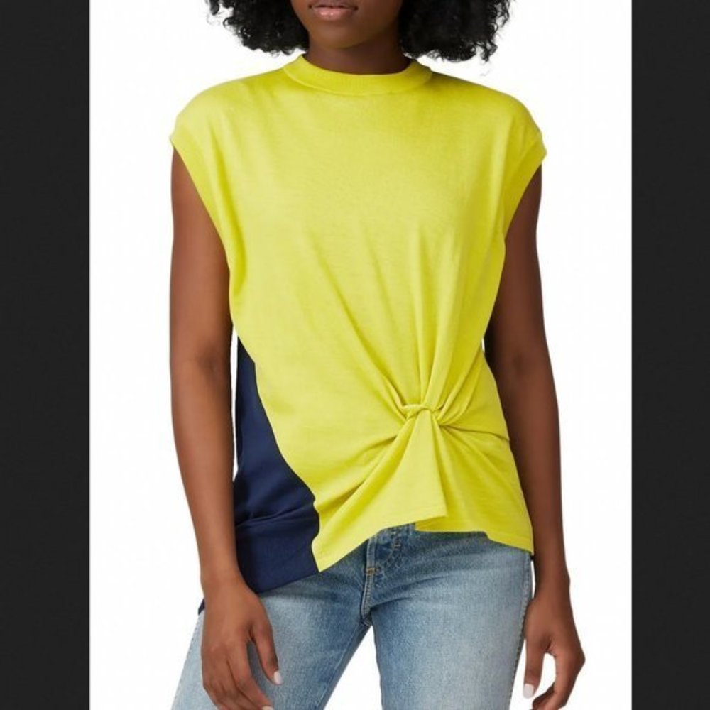 Nina Ricci Colorblock Knot Detail Top Lime and Navy Wool Knit AS IS Sz XS
